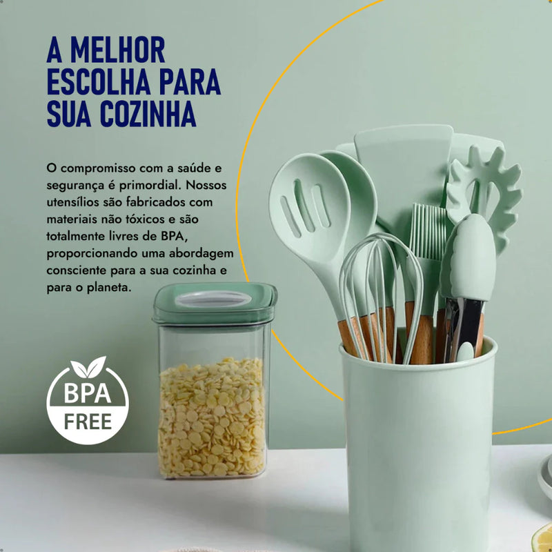 Kit 12 Utensílios De Cozinha Em Silicone E Cabo De Madeira