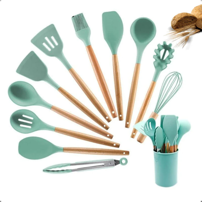 Kit 12 Utensílios De Cozinha Em Silicone E Cabo De Madeira