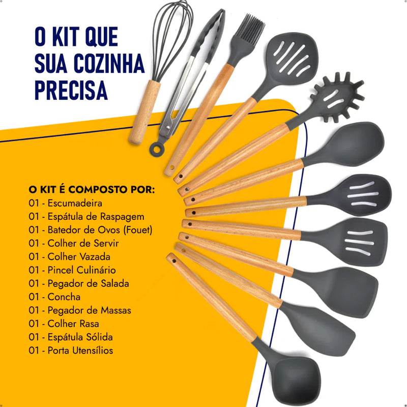 Kit 12 Utensílios De Cozinha Em Silicone E Cabo De Madeira