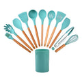 Kit 12 Utensílios De Cozinha Em Silicone E Cabo De Madeira